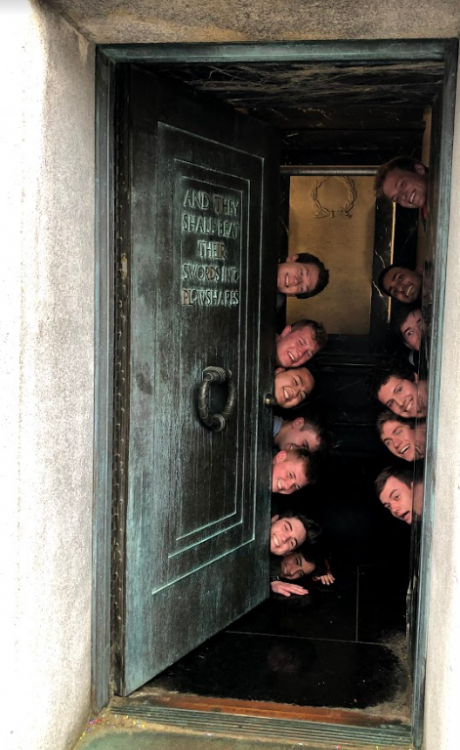 Grains of Time members peaking around Belltower doors