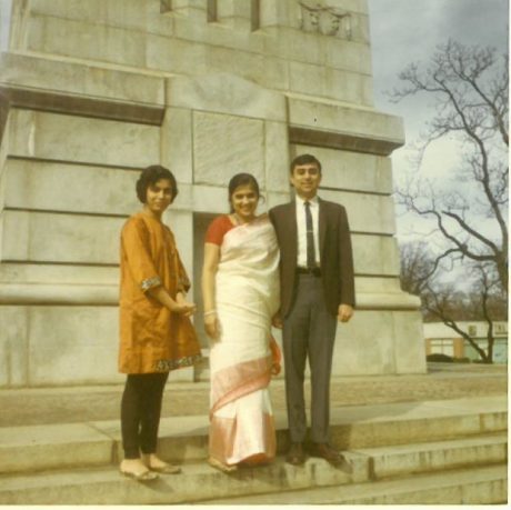 1970s photograph of Ragini Murarka and two relatives in front of the Belltower